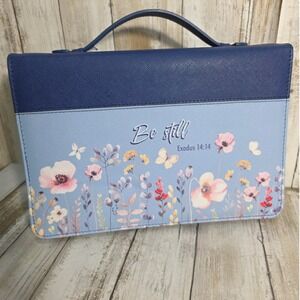 Gods Gift Be Still Exodus 14:14 Blue Floral Faux Leather Bible Cover Case 11x8 '